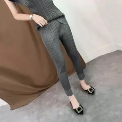 Плюс размер брюки 2019 женские стрейч Miyake плиссированные прямые брюки Сплит лодыжки длина все совпадающие повседневные брюки женские
