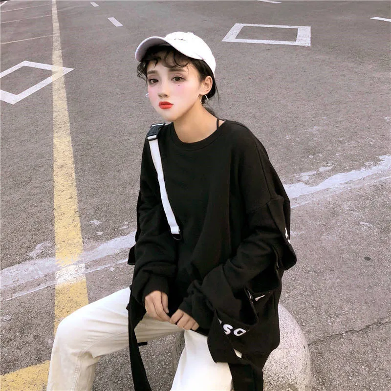 Свободные с длинным рукавом High Street Harajuku панк весенняя одежда толстовки Корейская уличная одежда для девочек футболки Kpop Модные женские футболки