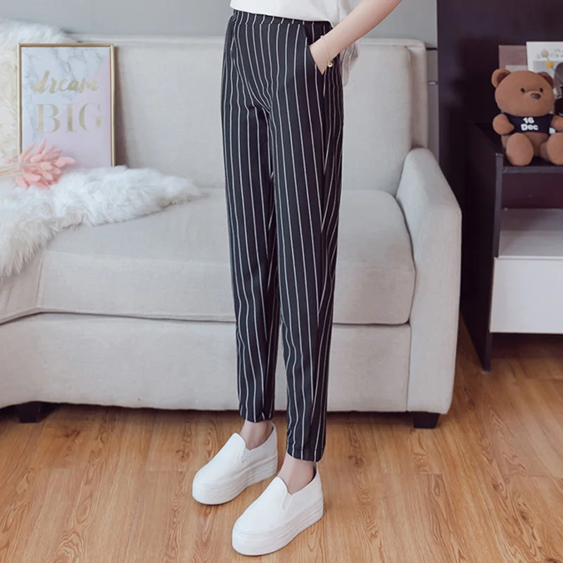 

Hot Women Spring Harem Pants Striped Elastic Middle Waist Slim Fit Loose Female Trousers CGU 88
