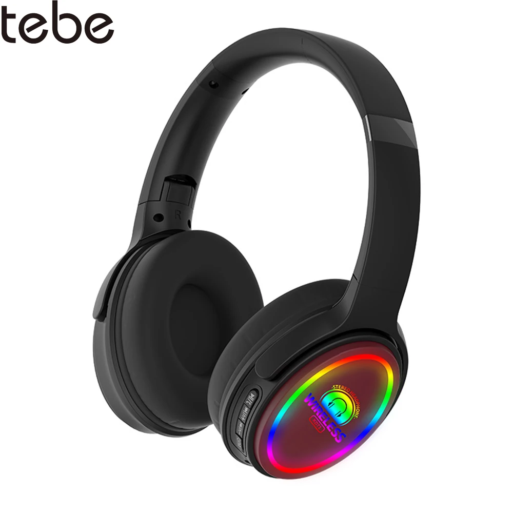 

tebe Bluetooth Wireless Over-Ear Headphones LED Light 3D Stereo Headset With Mic Support TF Card FM Radio Mobile Phone Earphone