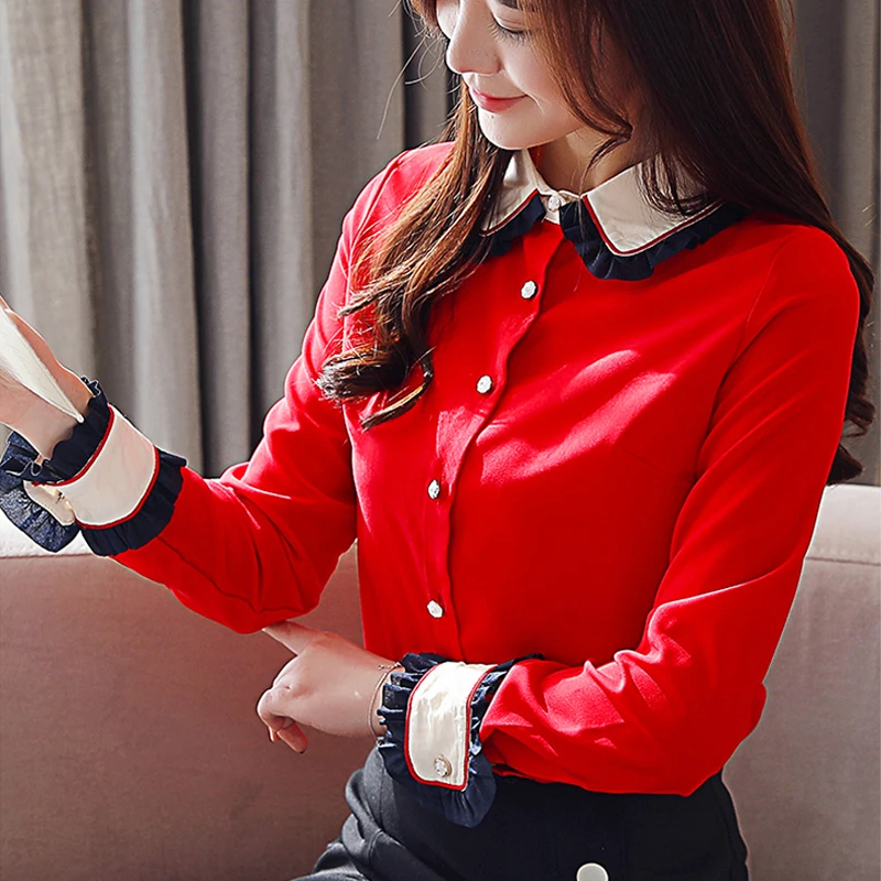 

Casual Korean slim Shirts Women's Solid Color Matching Chiffon Shirts Women's Tops Long Sleeve Chiffon Office Autumn New 12B7