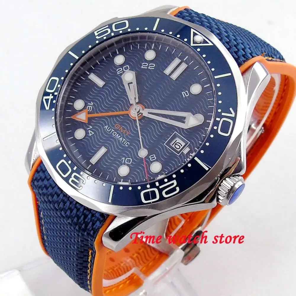 Роскошные 41 мм часы мужские синий циферблат резиновый холст керамический ободок светящийся сапфир стекло GMT MINGZHU автоматическое движение