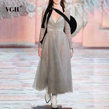 

VGH Polka Dot Bowknot Lace Up Women's Dress V Neck Long Sleeve High Waist Sexy Backless Dresses Female Spring Fashion New 2020