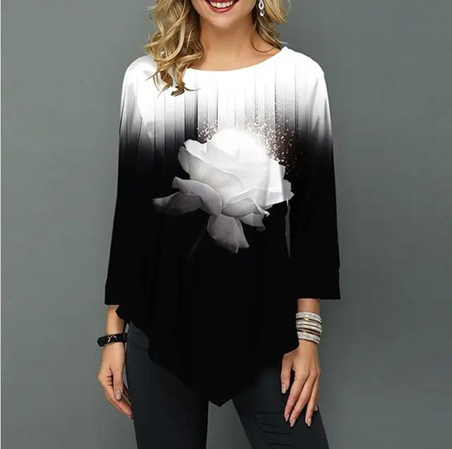 US $8.34 Shirt Blouse Women Spring Summer Printing Shirt 3/4 sleeve Casual Hem Irregularity Female fashion s