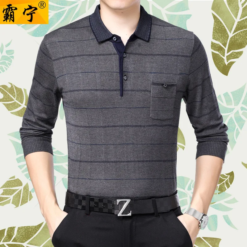 

2019 Spring Middle-aged Men Fold-down Collar Long-sleeved T-shirt Daddy Clothes Stripes Cotton Knitwear Sweater Really Pocket To