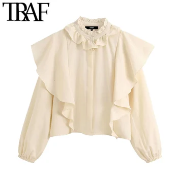 

TRAF Women Elegant Fashion Office Wear Ruffled Blouses Vintage Long Sleeve Buttons Female Shirts Blusas Chic Tops