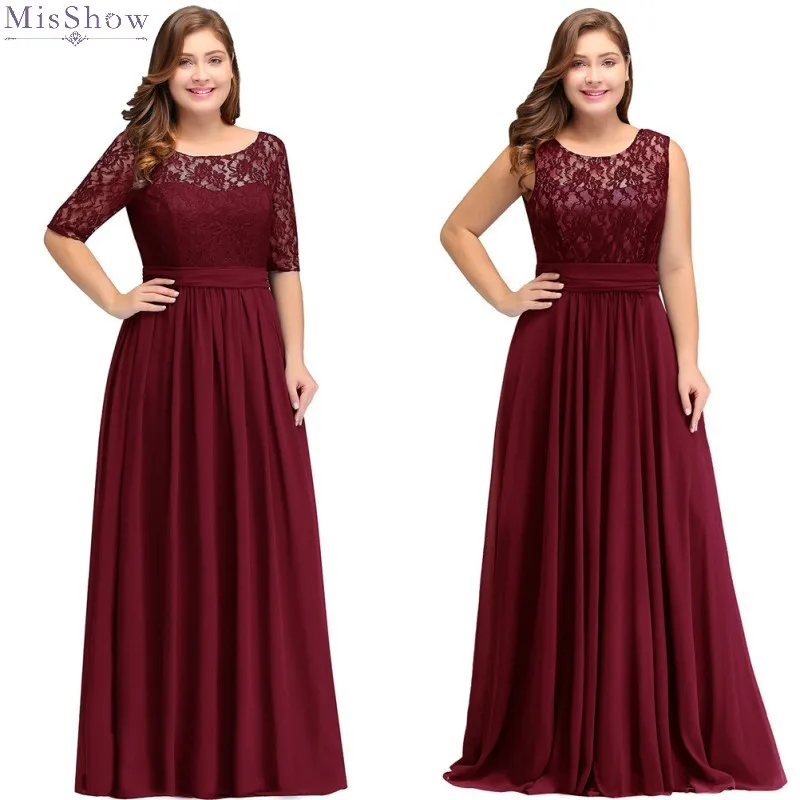

Misshow Evening Dress 2020 Plus Size Long Burgundy Chiffon Formal Gown Elegant Lace A line Sleeveless robe de soiree 2019