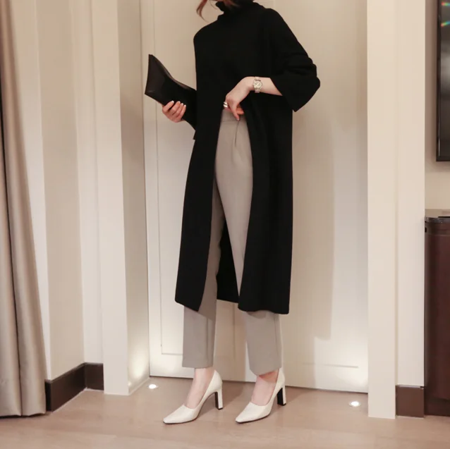 Южная Корея Женская индивидуальность высокой талии сплит мода моделирование черепаха шеи свитер длинное платье