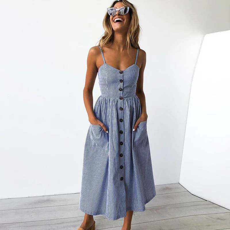 2018 New LOSSKY Women Print Floral Stripe Bohemian Dress V-Neck Sleevele Sexy Button Beach Casual Boho Midi Dress Plus Size 3XL