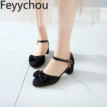 

Women Pumps Med Heel Shoes Round Toe Buckle D'Orsay Two-piece Thick Heel Sequined Cloth 2020 New Sexy Fashion Sweet Black Beige