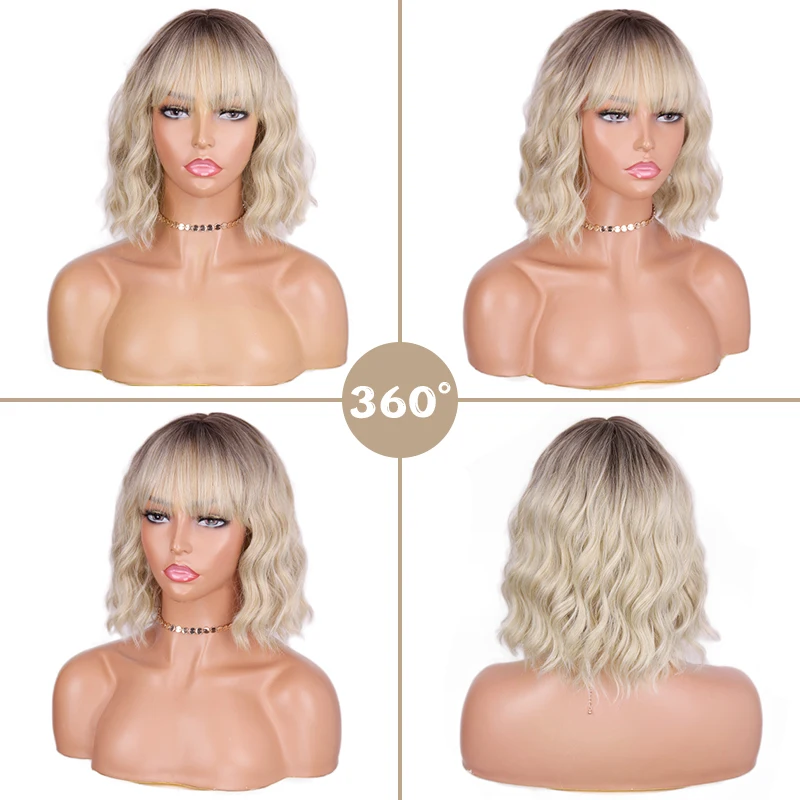 Short Ombre Blonde Wigs Wavy Bob Wig with Air Bangs Women's Synthetic Curly Pastel Bob Wig for Girl Colorful Cosplay Wigs