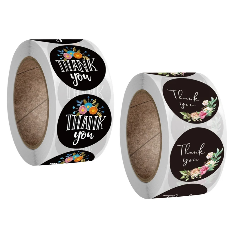 

500 Pcs/Roll Black Flower THANK YOU DIY Stickers Label Wedding Party Boxes Envelope Seal Flower Thank Pattern Stickers Decor