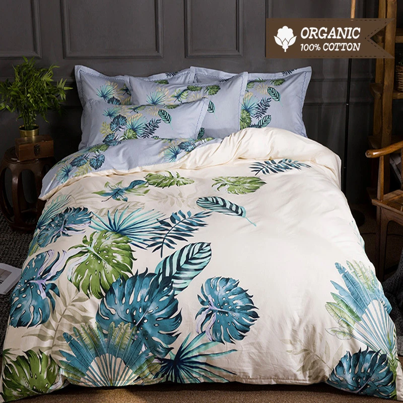 

100% Pima Cotton Bedding Set 60S 133*72 High Density Plant Style Bed Sheet Quilt Cover Pillowcase 4pcs Bed Linen Set