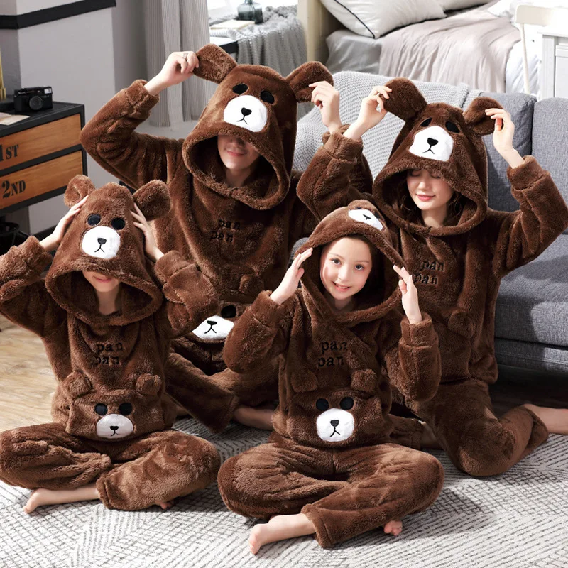 

Winter Couple Family Parent Child Pajama set Children's Flannel Pyjamas Thickened Hoodie Long Sleeved Animal Panda Homewear