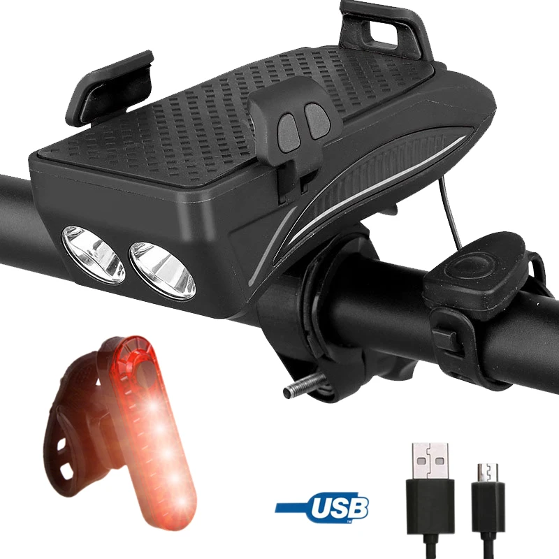 Black W USB Light 4 в 1 водонепроницаемый USB велосипедный фонарь Встроенный перезаряжаемый 4000 mAh аккумулятор велосипедный телефон внешний аккумулятор с держателем велосипедный Рог+ задний фонарь - Цвет: Black W USB Light
