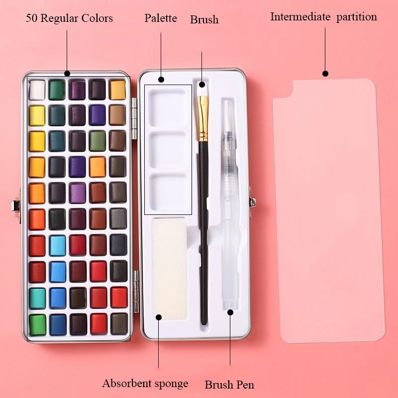 Watercolor Painting Set, 50 Vivid Colors in Portable Box, Include Brush Palette Sponge, Travel Watercolor Set for Children to Adults, Watercolor