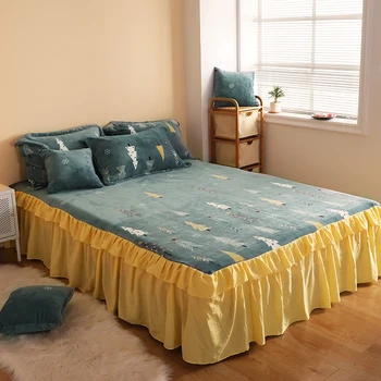 

Home Decor Detachable Bed Skirts Coral Fleece Bedspread 2 Pillow cases Suitable For King Size