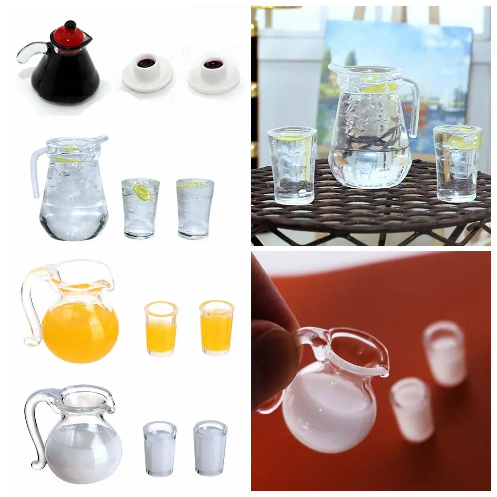 1Set 1/12 Scale Simulation Miniature Drinks Jug Cup Coffee Milk Lemon Water Orange Juice Drinking Model Doll Accessories