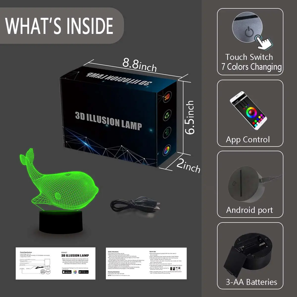 NiteApps 3D Кит светодиодный ночник настольная лампа иллюзия Лампа подарок на день рождения приложение/сенсорное управление