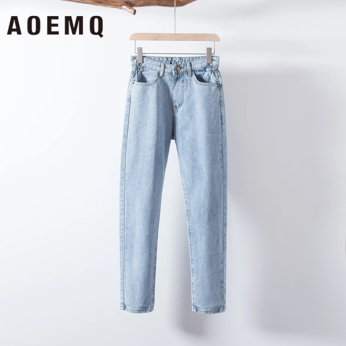 

AOEMQ Fashion Pants Denim Blue Sport Casual Trousers with Zipper Pockets Belt Adjustable Waist Trousers Women's Clothing