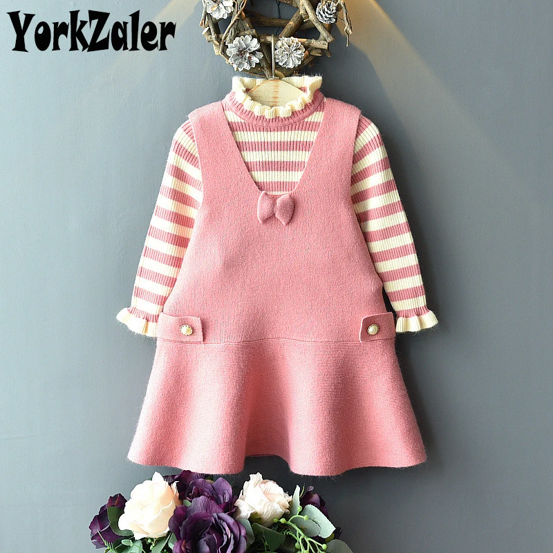 Yorkzaler Autumn Winter Knitted Children Clothing Set For Girl Striped Sweater With Dress Girl 2pcs Outfits Christmas Suit 3Y-7Y