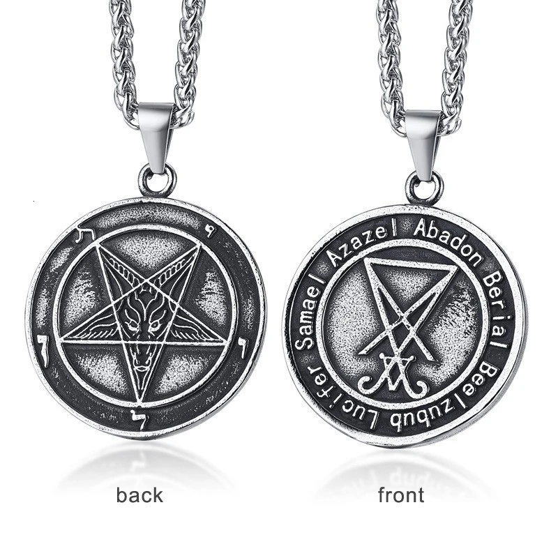 Для мужчин Нержавеющая сталь кулон ожерелье печатка сатаны sigil of Lucifer обе стороны Бафомет Коза дьявол с изображением перевернутой пентаграммы цепи - Окраска металла: PN-1161