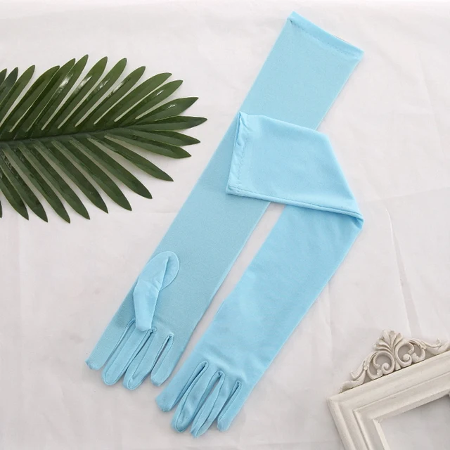 Stretch Satin White Glove Long Bridal Gloves Black Red Elbow Length Women Dance Party Wedding Gloves Full Finger Guantes Boda Light Blue