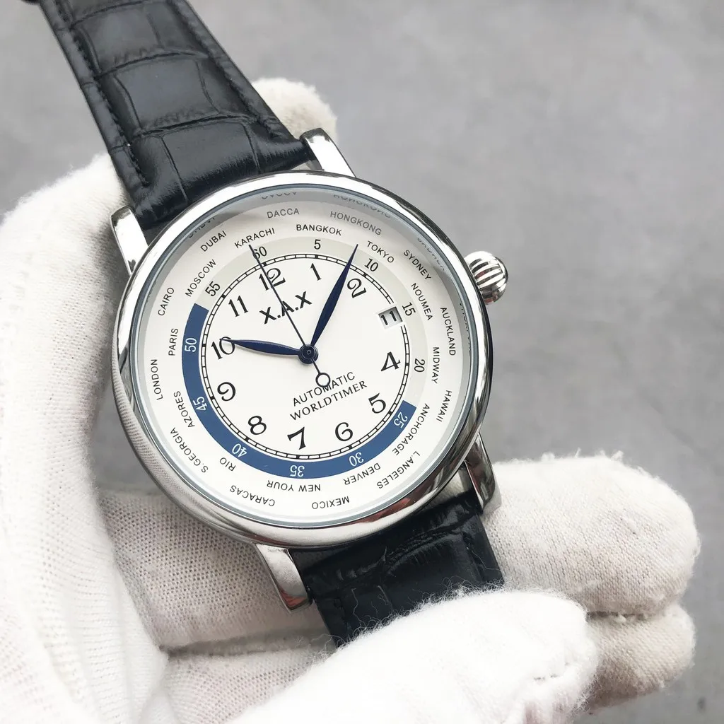 Worldtimer Automatic Men Watch Pilot Stainless Steel Mechanical Wristwatch Male Field Uhr Flieger Huge Size Automatikuhr Aviator