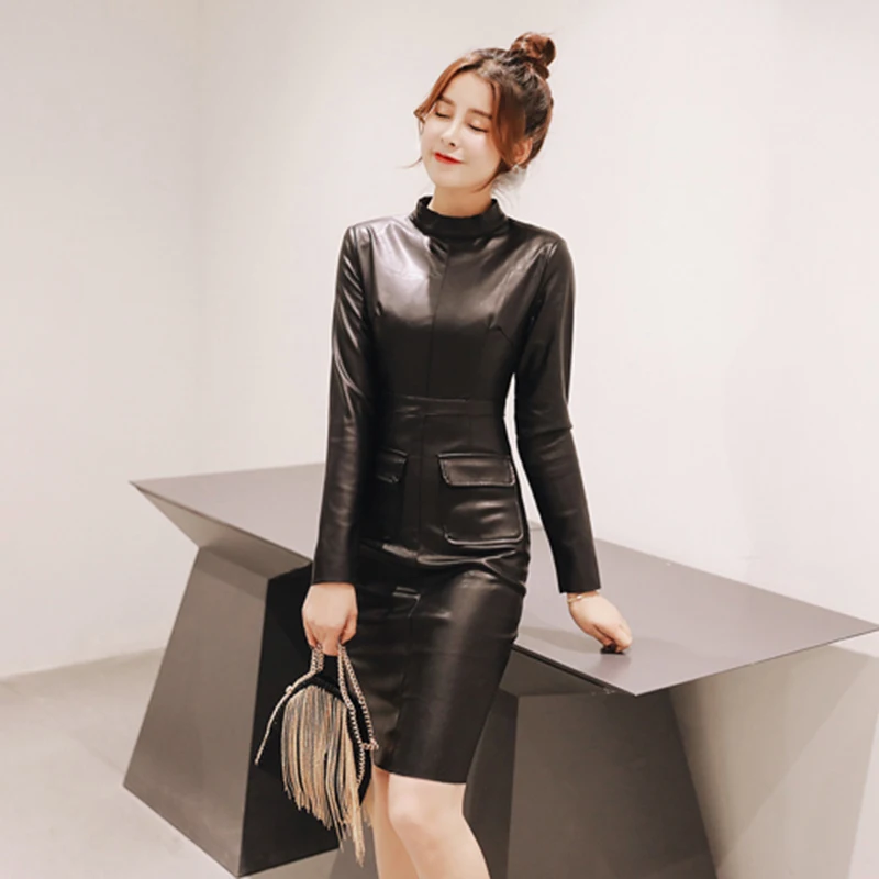 TWOTWINSTYLE PU Leather Slim Dress For Women Stand