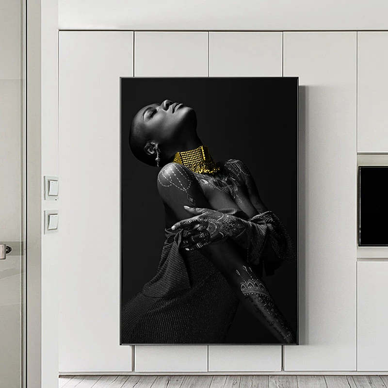 

Black Naked Woman With Gold Necklace On Canvas Print Nordic Poster Wall Art Picture For Living Room Home Decoration Frameless
