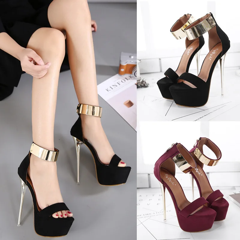 

2018 Fashion New Style Thin Heeled-Metal Ring Black And White with Pattern Waterproof Platform 16cm Heels Ultra-High-Heel Sandal