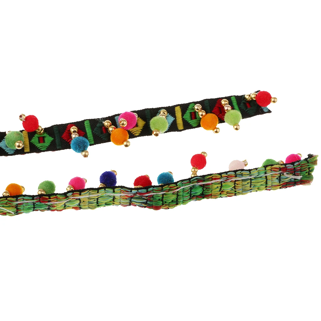 2 Pieces Bohemian Style Colorful Ball Fringe Trim Tape for Clothes