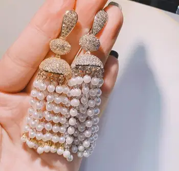 

Exaggerated fashion pearl lantern long zircon inlaid three-dimensional tassel earrings