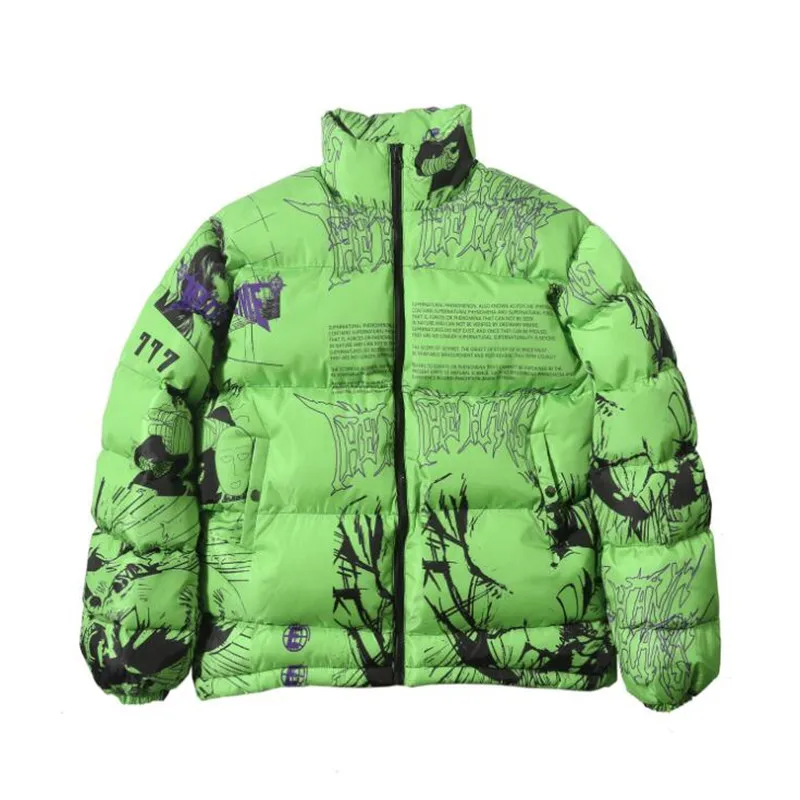 Куртка в стиле хип-хоп, парка, японский мультяшный граффити, уличная Мужская ветровка, Harajuku, зимняя стеганая куртка, пальто, теплая верхняя одежда - Цвет: Зеленый
