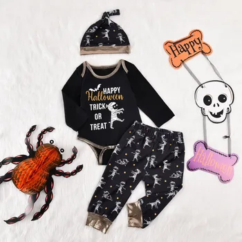 

Halloween Cartoon Print Baby Boy Clothes Set 3Pcs Bodysuit+Pants+Hat Black Long Sleeve Toddler Girl Clothing For Newborn D30