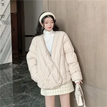 

Korean Fashion Chic Deep V Neck Cotton Coats Women Retro Black Beige Slim Warm Thick Coat Female Winter Casual Parkas Jackets