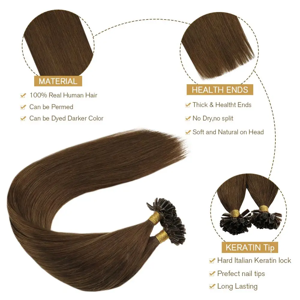 Ugeat U Tip Hair Extensions Nail Tip Human Hair Extensions Hot Fusion Real Remy Human Pure Color Straight 1g/s 50G