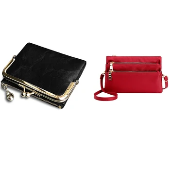 

1 Pcs Multi-Compartment Cross-Body Bag Red & 1 Pcs Women'S Short Wallet Retro Coin Purse with Kiss Lock Black