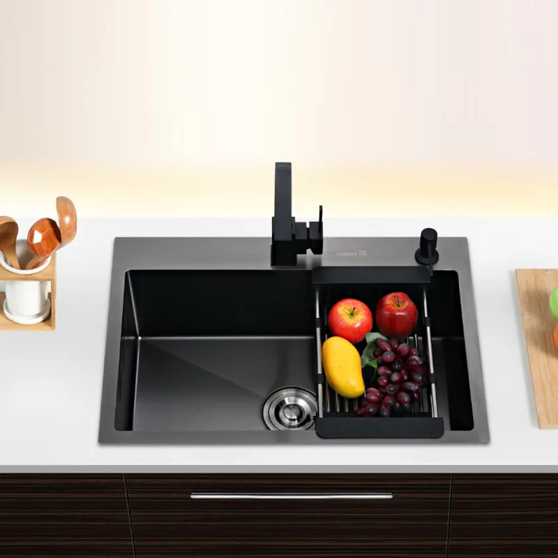 Black single kitchen sink above counter or udermount vegetable washing basin sink kitchen black stainless steel pia black
