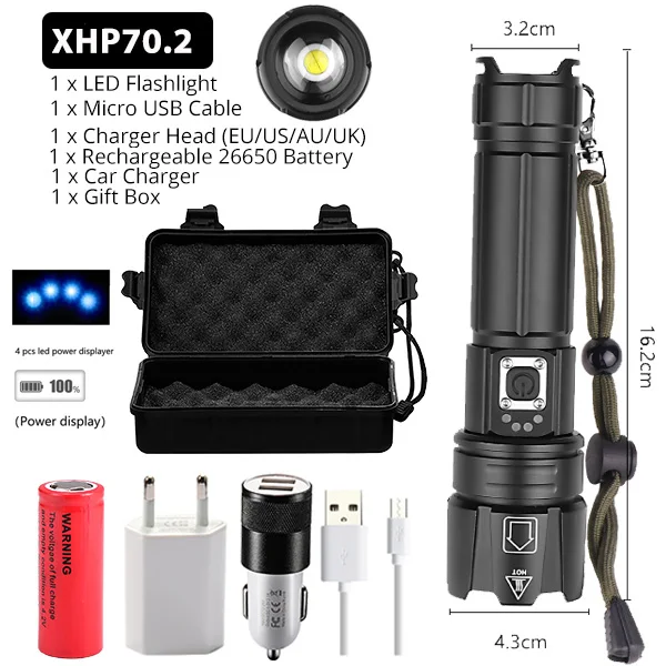 Package D Подарок на год XHP90.2 Ультра мощный 18650 светодиодный светильник-вспышка XLamp USB Перезаряжаемый XHP70 Тактический светильник 26650 зум походный фонарь - Испускаемый цвет: Package D