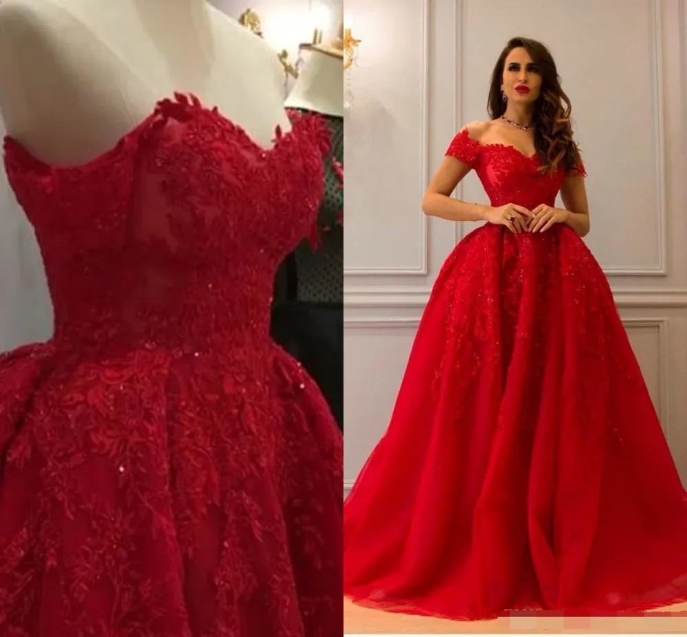

Red Luxury Lace Arabic Evening Dresses Sweetheart Beaded Ball Gown Prom Dresses Vintage robe de soiree abiye evening dress 2019