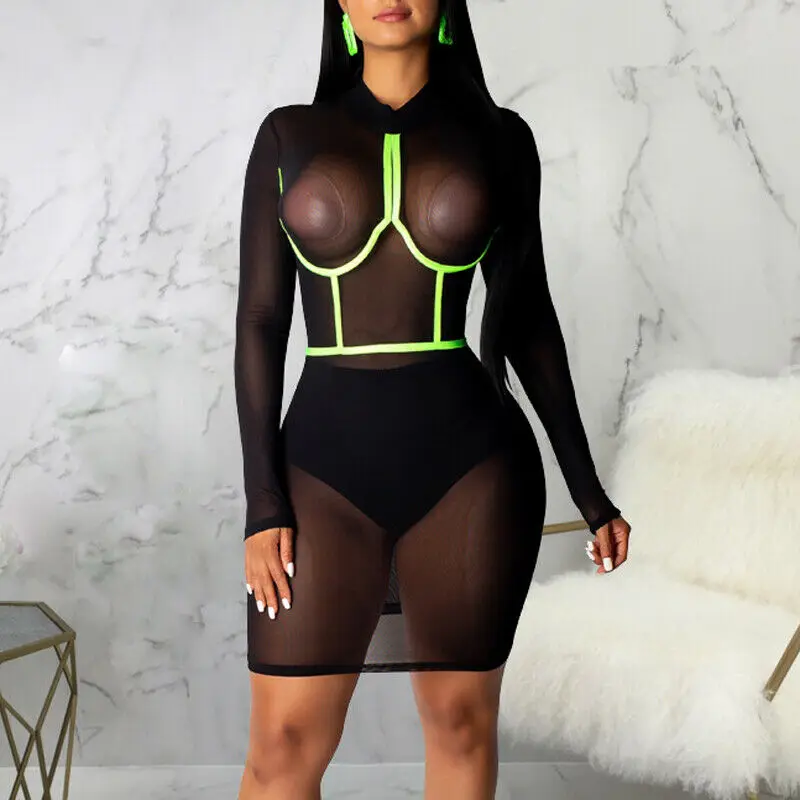 

Summer Women Sexy Mesh See through Clubwear Party Mini Dress Bikini Cover Up Bathing Suit Holiday Solid Perspective