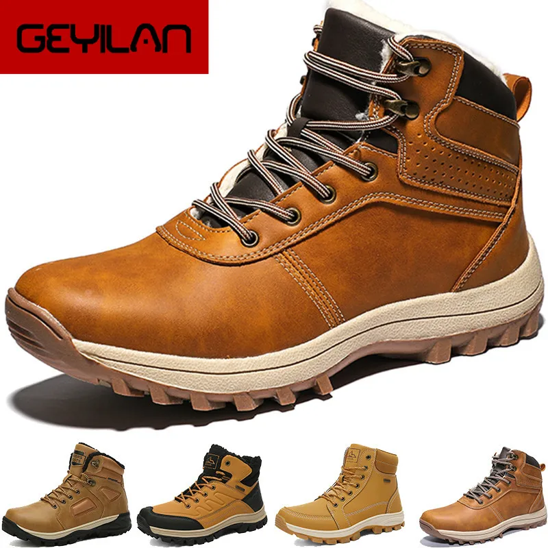 

CUNGEL Winter Warm Men Boots Split Genuine Leather Fur Plus Men Snow Boots Handmade Waterproof Working Ankle Boots Top Men Shoes