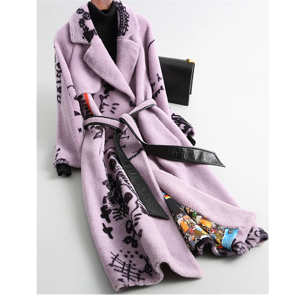 Lilac purple Осень зима мода новая шерсть шуба дамы длинный участок печатных овец ножницы Кружева длинный рукав пальто Tide hh00107 - Цвет: Lilac purple