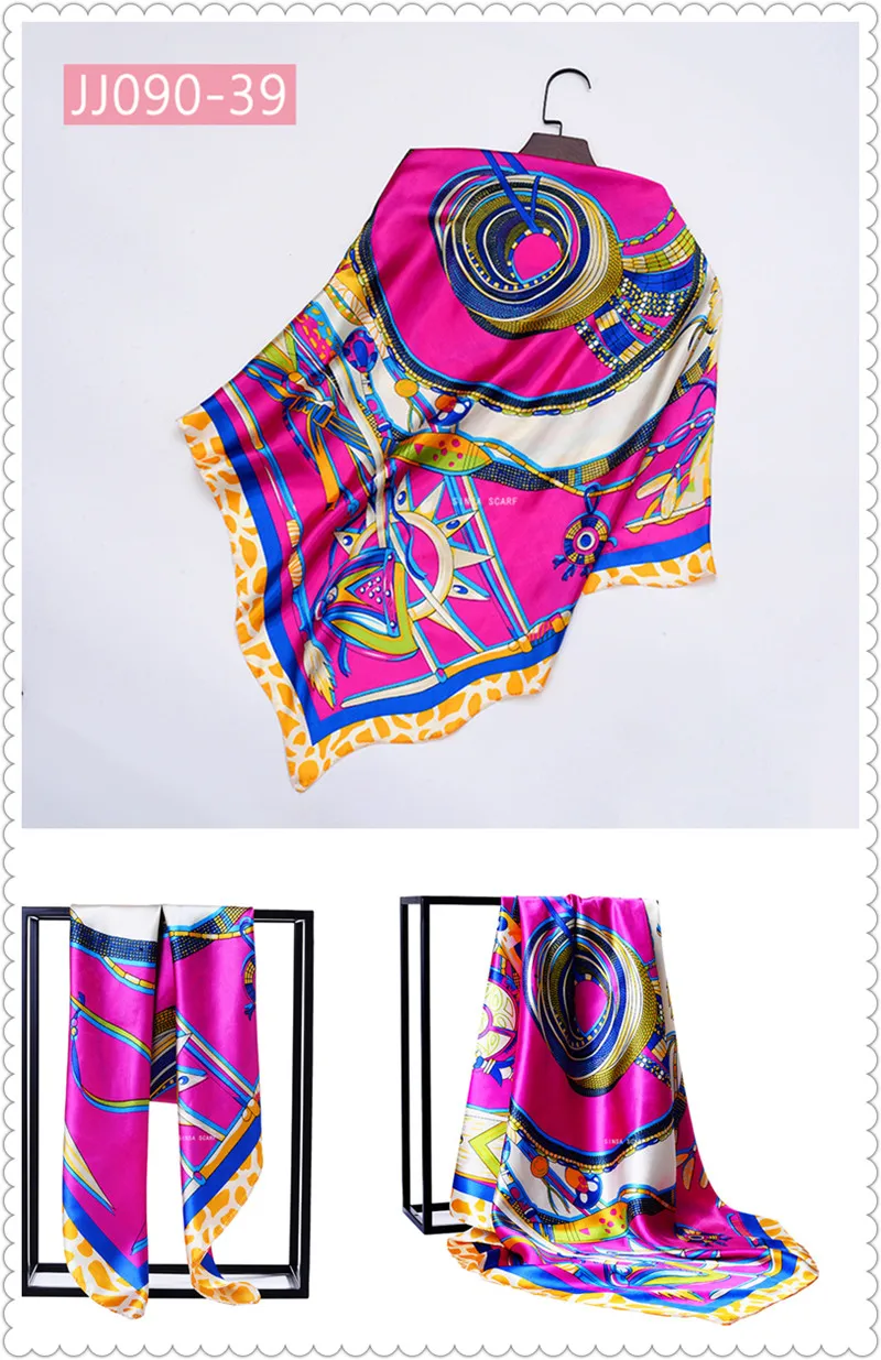 90*90 см квадратный шарф женский Универсальный обертывания элегантные волосы с цветами платок женский платок весна осень атласный шелковый