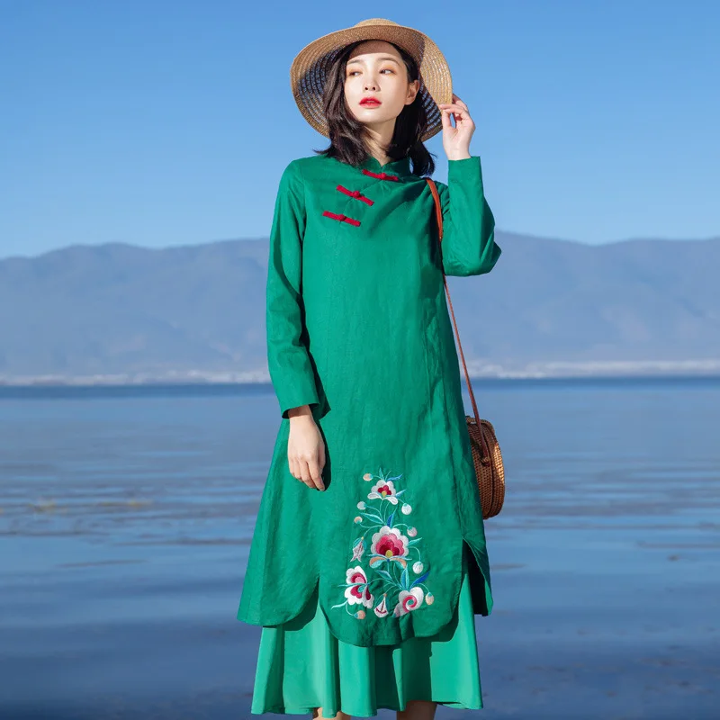 

2019 National Wind Cotton Linen Embroidery Dress Spring New Women's Chinese Linen Retro Improved Cheongsam Dresses