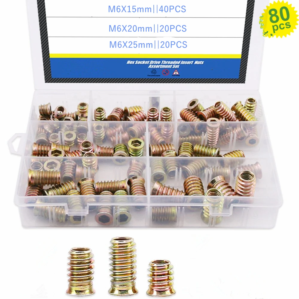 80Pcs M6 Zinc Alloy Hex Flanged Screw-in Nut Hex Socket Drive Threaded Insert Nuts Assortment Set For Wood Furniture