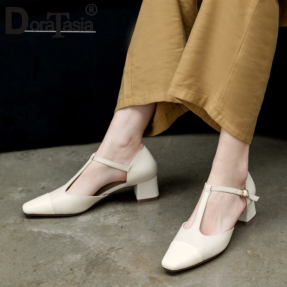 

DORATASIA Summer Concise Genuine Leather Sandals Med Chunky Heels Sandals Women Elegant Office Pointed Toe t-strap Shoes Woman