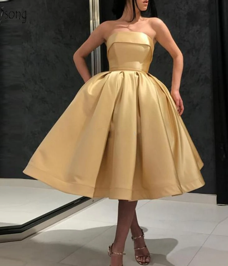 

Simple Puffy Tea Length Homecoming Dresses 2020 Cheap Light Gold Off Shoulder Prom Gowns Plus Size Fashion Cocktail Dresses