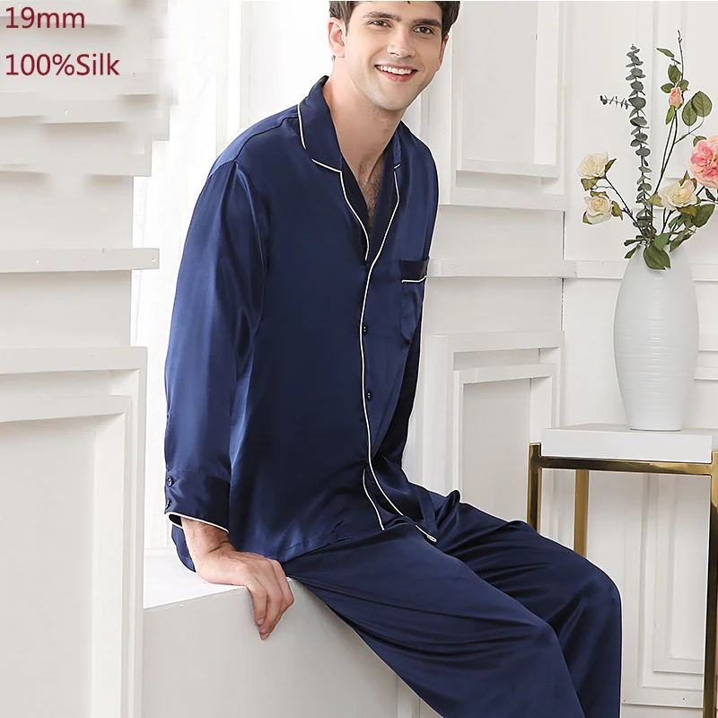 19MM 100%  Silk Pajamas Men's Solid Color Long-Sleeved Trousers Silk  Home Service Two-Piece Suit Men Sleepwear mens tall pajama pants Men's Sleep & Lounge